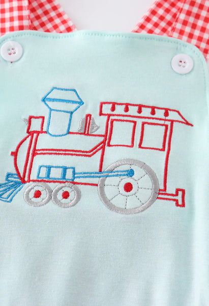 Train Embroidery Gingham Bubble Romper