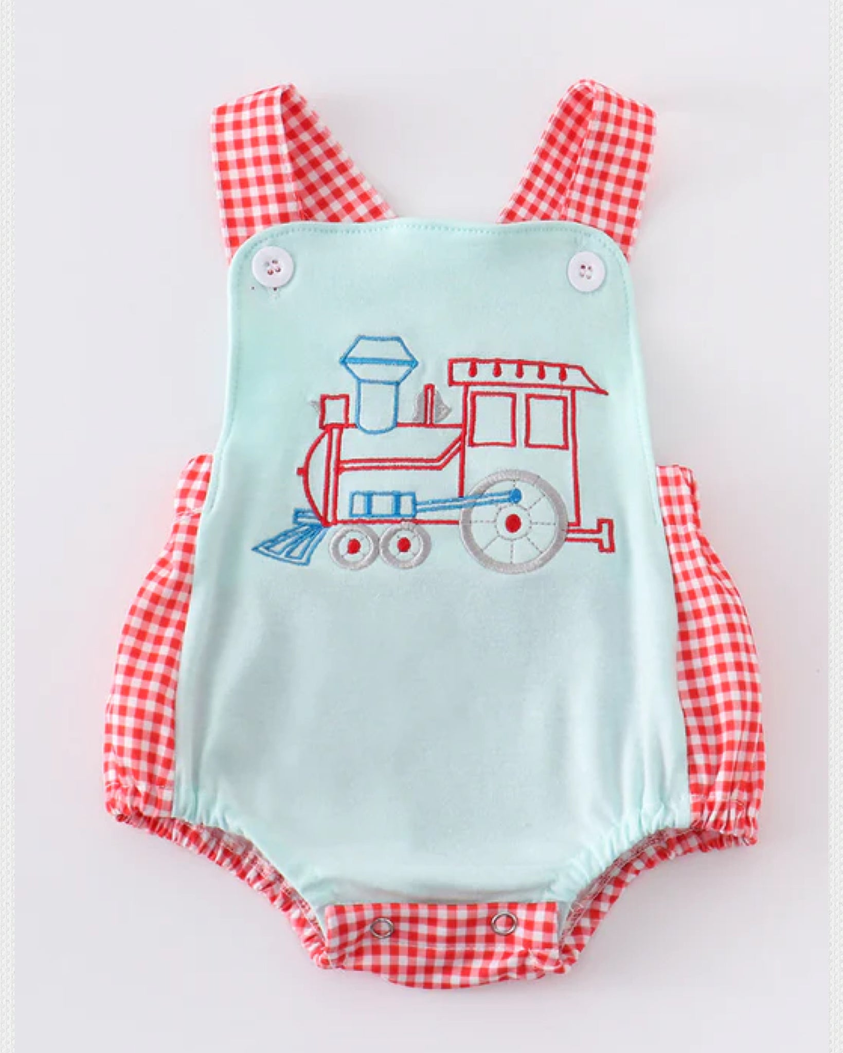 Train Embroidery Gingham Bubble Romper