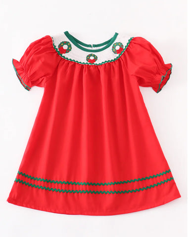 Red Christmas Smocked Dress: 12m