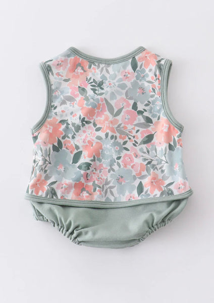 Green Bow Floral Bubble Romper